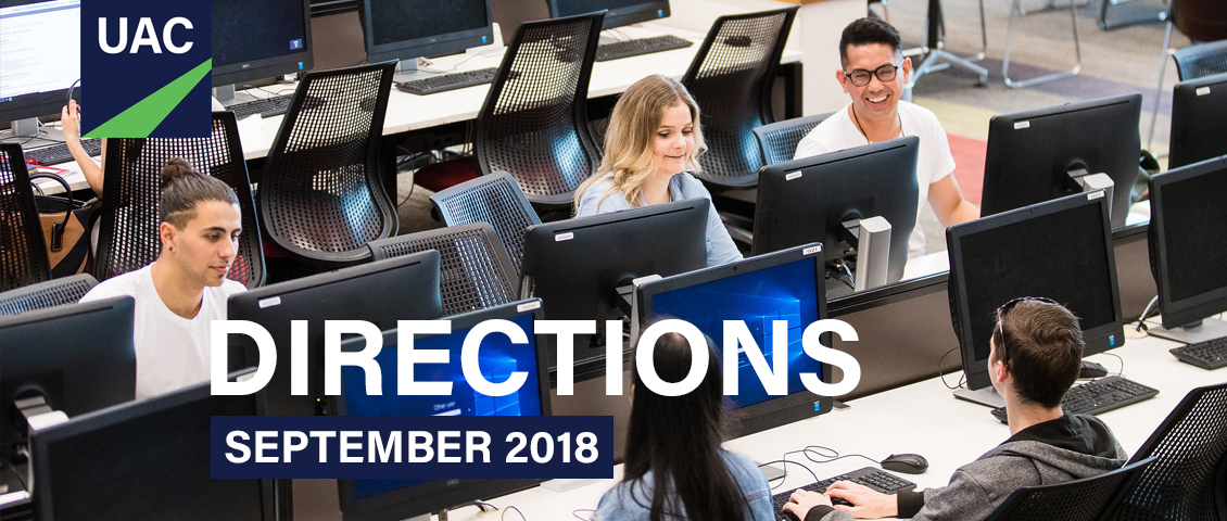Banner for Directions 2018 showing a number of young people at computers smiling and chatting