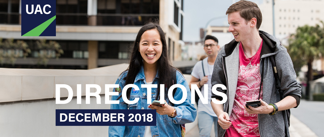 Directions December 2018 banner showing two young people chatting and smiling as they walk ahead of a third guy with glasses