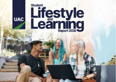 2026 Student Lifestyle and Learning Report cover: three students in casual clothes sit, facing the each other in front of a laptop smiling